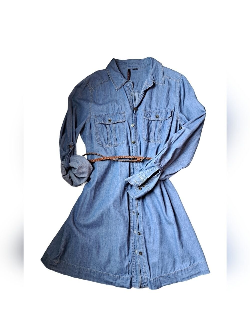 Lightweight jean Short denim dress button belted western festival cowgirl S-M